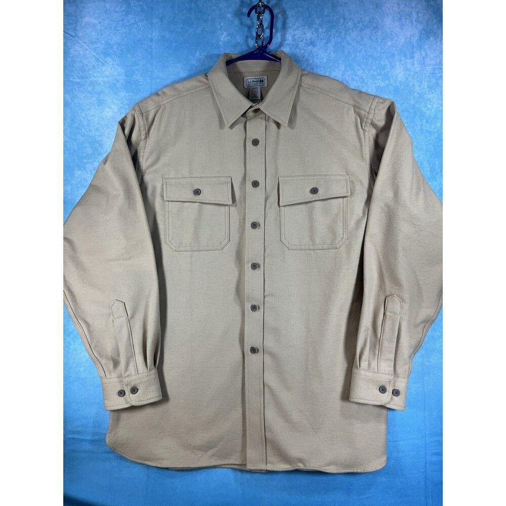 Y2K LL Bean Chamois Shirt Large Mens Tan Beige Heavy Flannel Button Outdoor Work